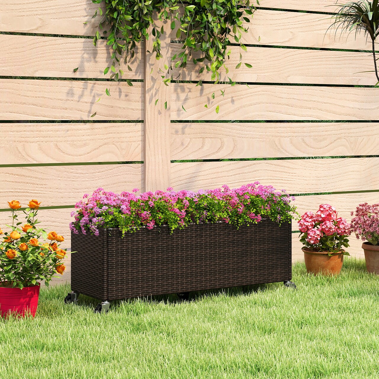 PE Rattan Wicker Raised Garden Bed Planter Box with Wheels and Liner